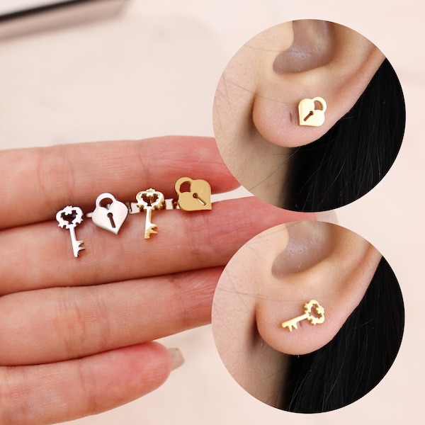 Titanium Key Lock Stud Earrings, Non Tarnish Earrings, Implant Grade Titanium Waterproof Earrings, Vintage Style Earrings, Minimal Earrings