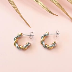 Twisted Two-Tone Titanium C-Shape Earrings, Minimalist Everyday Jewelry