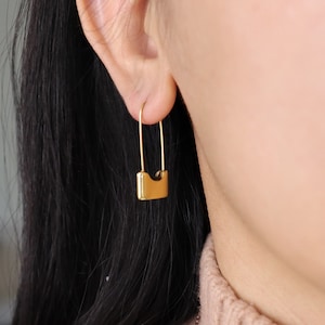 Titanium Lock Hoop Earrings, Gold Plated, Hypoallergenic, Implant Grade Titanium Waterproof, Vintage Style, Minimal