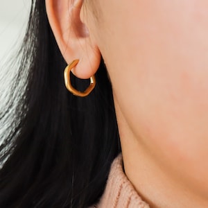 Titanium Hexagon Hoop Earrings, Gold Plated, Hypoallergenic, Implant Grade Titanium Waterproof, Vintage Style, Minimal