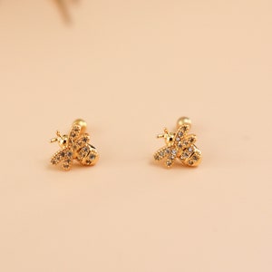 Titanium Bee Zircon Screw Back Stud Earrings, Non Tarnish, Implant Grade Titanium Waterproof Earrings, Vintage Style Earrings, Minimalist