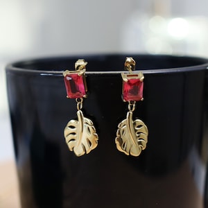 Titanium Leaf Zircon Dangle Earrings, Gold Plated, Hypoallergenic, Implant Grade Titanium Waterproof, Vintage Style, Minimal