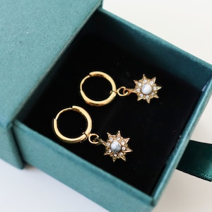 Titanium Sun Stone Hoop Earrings, Non Tarnish Earrings, Implant Grade Titanium Waterproof Earrings, Vintage Style Earrings, Minimal