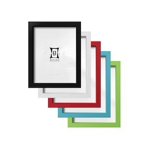May include: Five picture frames in different colours, including black, white, red, blue, and green. The frames are stacked on top of each other, with the black frame on top. The frames are all the same size and have a simple, modern design.