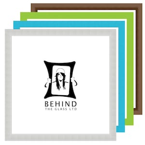 May include: Four picture frames in different colours, stacked on top of each other. The frames are brown, green, blue, and silver. The silver frame has a logo in the centre that says "Behind the Glass LTD".