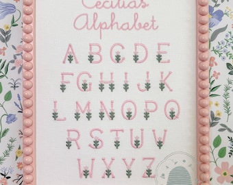Personalized Floral Alphabet Embroidery, Custom Name Nursery Wall Art, Heirloom Baby Gift
