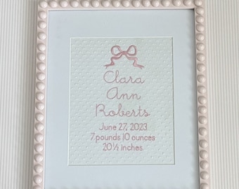 Custom Embroidered Birth Announcement with Bow | Baby Name Wall Art | Newborn Gift | Girl Nursery Decor