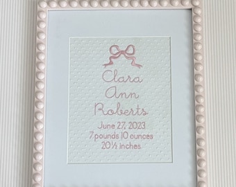 Bow Custom Embroidered Birth Announcement Wall Art