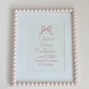 Custom Embroidered Birth Announcement with Bow | Baby Name Wall Art | Newborn Gift | Girl Nursery Decor