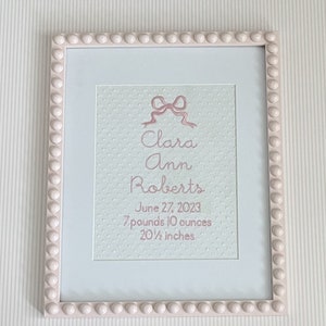 Bow Custom Embroidered Birth Announcement Wall Art