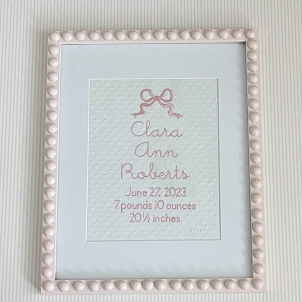 Bow Custom Embroidered Birth Announcement Wall Art