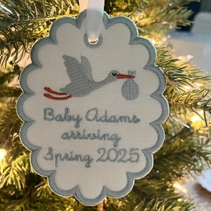 Stork Pregnancy Announcement Custom Embroidered Scallop Christmas Ornament