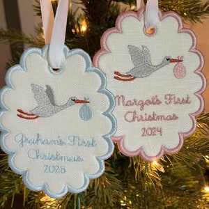 Baby&#39;s First Christmas Stork Custom Embroidered Scallop Christmas Ornament