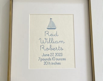 Sailboat Custom Embroidered Birth Announcement