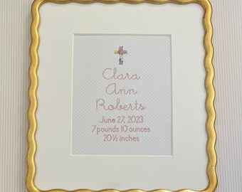 Floral Cross Custom Embroidered Birth Announcement  Wall Art