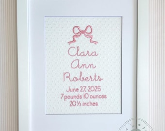 Personalized Bow Birth Announcement for Baby Girl | Embroidered Baby Name & Birth Stats | Heirloom Nursery Wall Art