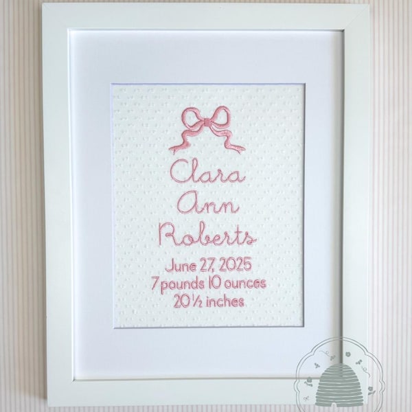 Personalized Bow Birth Announcement for Baby Girl | Embroidered Baby Name & Birth Stats | Heirloom Nursery Wall Art