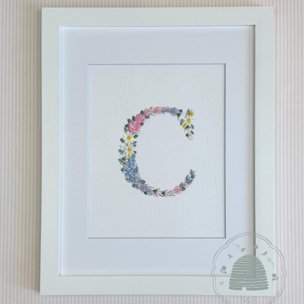 Floral Initial Wall Art, Custom Embroidered Letter, Personalized Nursery Decor