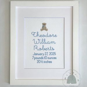 Bear Birth Announcement, Personalized Baby Name Embroidery, Heirloom Nursery Wall Art