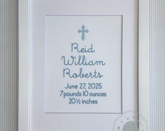 Personalized Cross Birth Announcement, Christian Nursery Art, Baptism