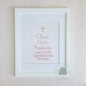 Personalized Cross Birth Announcement, Christian Nursery Art, Baptism image 2