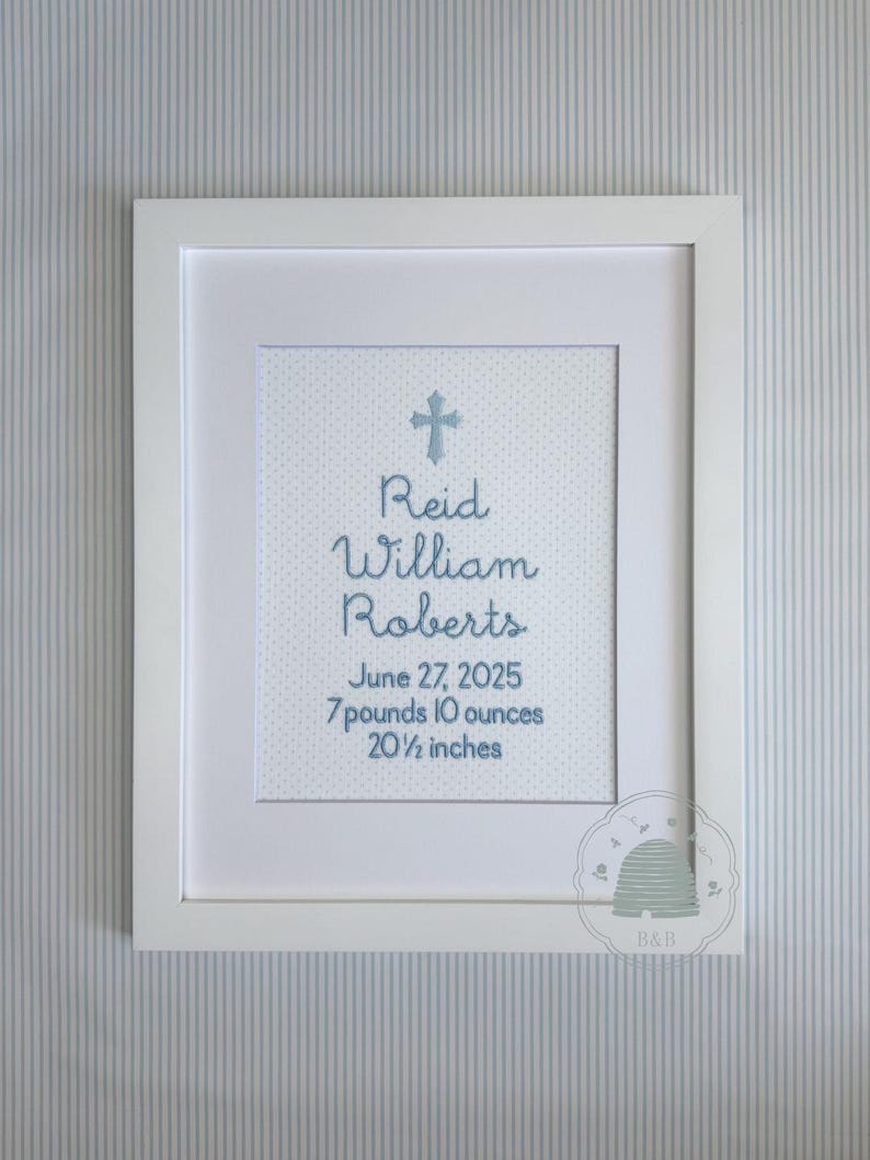 Personalized Cross Birth Announcement, Christian Nursery Art, Baptism image 1