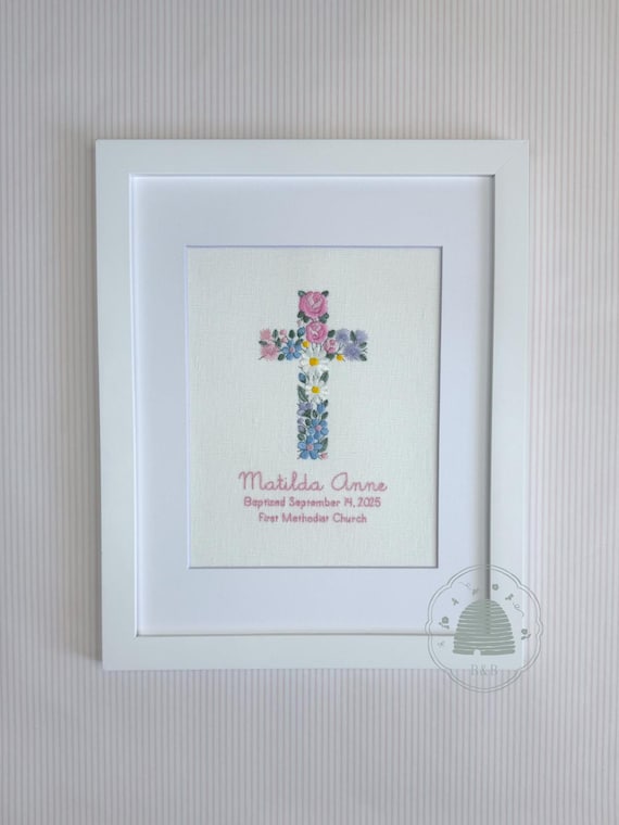 Floral Baptism Cross, Personalized Christening Gift, Christian Nursery Keepsake