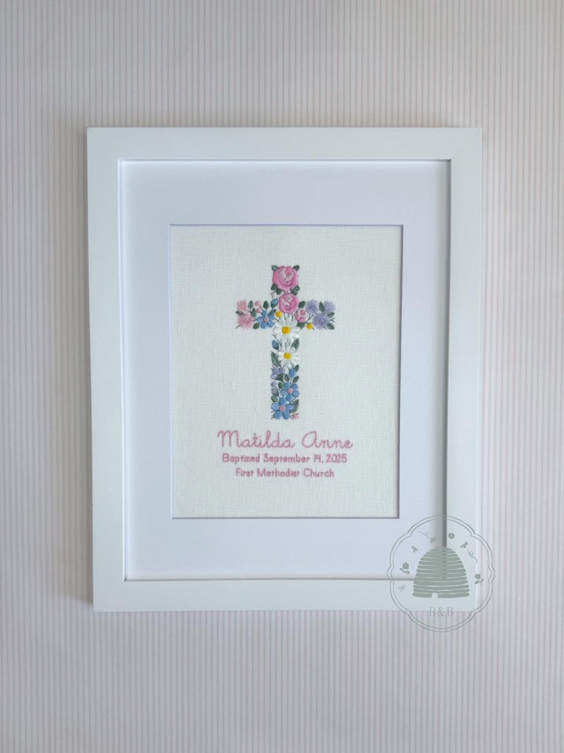 Floral Baptism Cross, Personalized Christening Gift, Christian Nursery Keepsake image 1