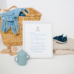 May include: A framed birth announcement with a teddy bear illustration, the name "Theodore William Roberts", and birth details. Includes a blue sippy cup, denim overalls, wooden blocks, and blue baby shoes. A woven basket and a folded blanket are also present.