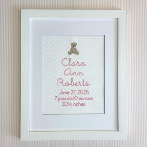 Bear Birth Announcement, Personalized Baby Name Embroidery, Heirloom Nursery Wall Art image 2