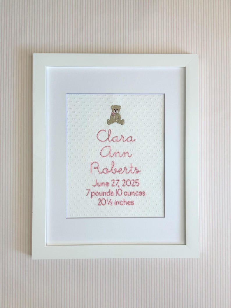 Bear Birth Announcement, Personalized Baby Name Embroidery, Heirloom Nursery Wall Art image 2