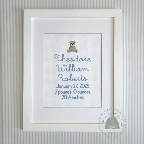 Bear Birth Announcement, Personalized Baby Name Embroidery, Heirloom Nursery Wall Art
