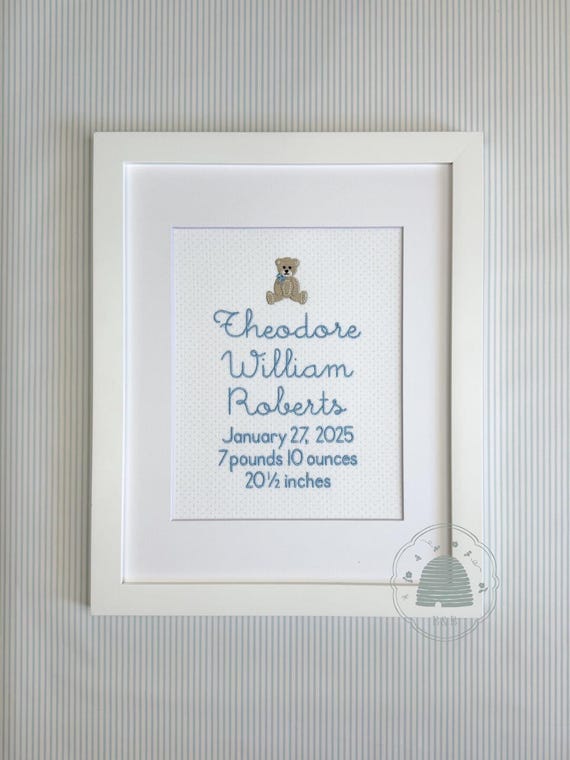 Bear Birth Announcement, Personalized Baby Name Embroidery, Heirloom Nursery Wall Art