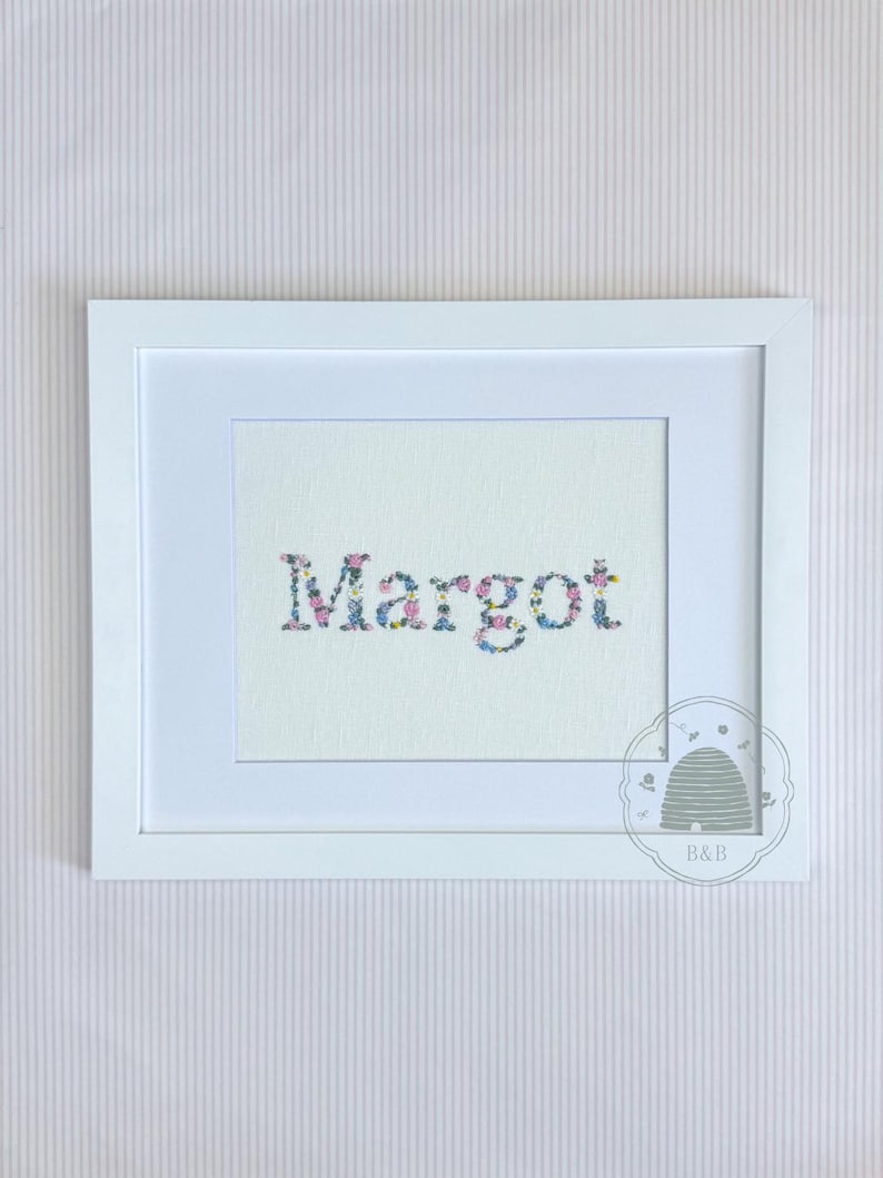 Custom Embroidered Floral Name Art, Baby Girl Nursery Decor image 1