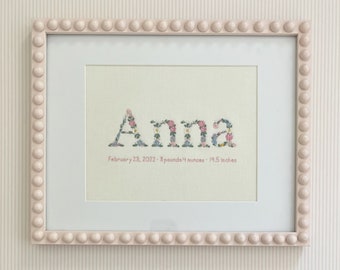 Custom Embroidered Floral Name Birth Announcement Wall Art