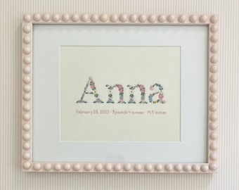 Custom Embroidered Floral Name Birth Announcement Wall Art