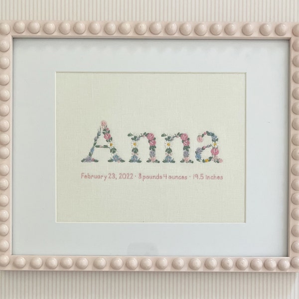 Custom Embroidered Floral Name Birth Announcement Wall Art
