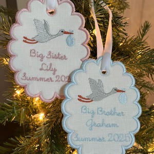 Big Sister/Brother Stork Custom Embroidered Scallop Christmas Ornament