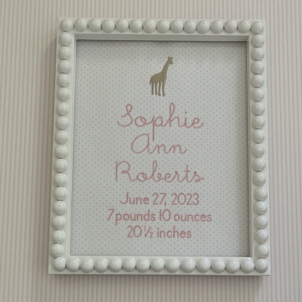 Giraffe Custom Embroidered Birth Announcement Art