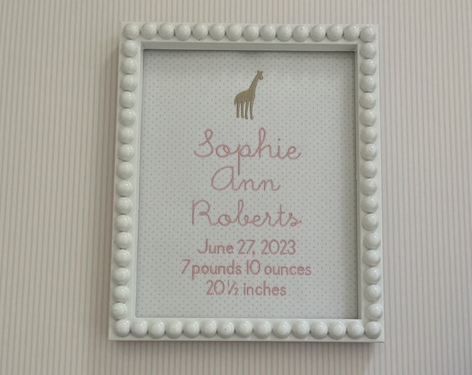 Giraffe Custom Embroidered Birth Announcement Art