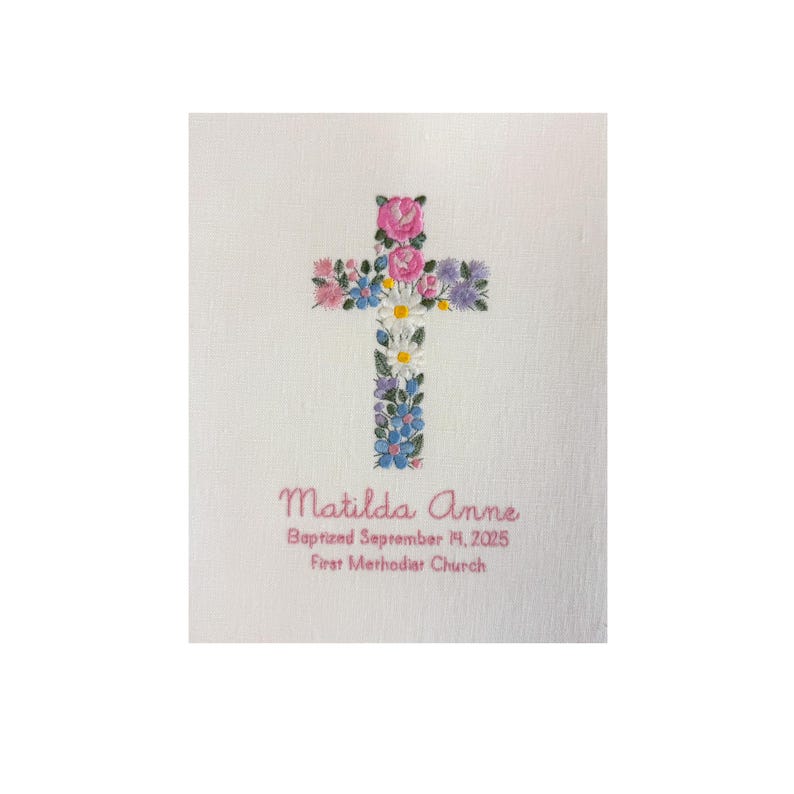 Floral Baptism Cross, Personalized Christening Gift, Christian Nursery Keepsake image 5
