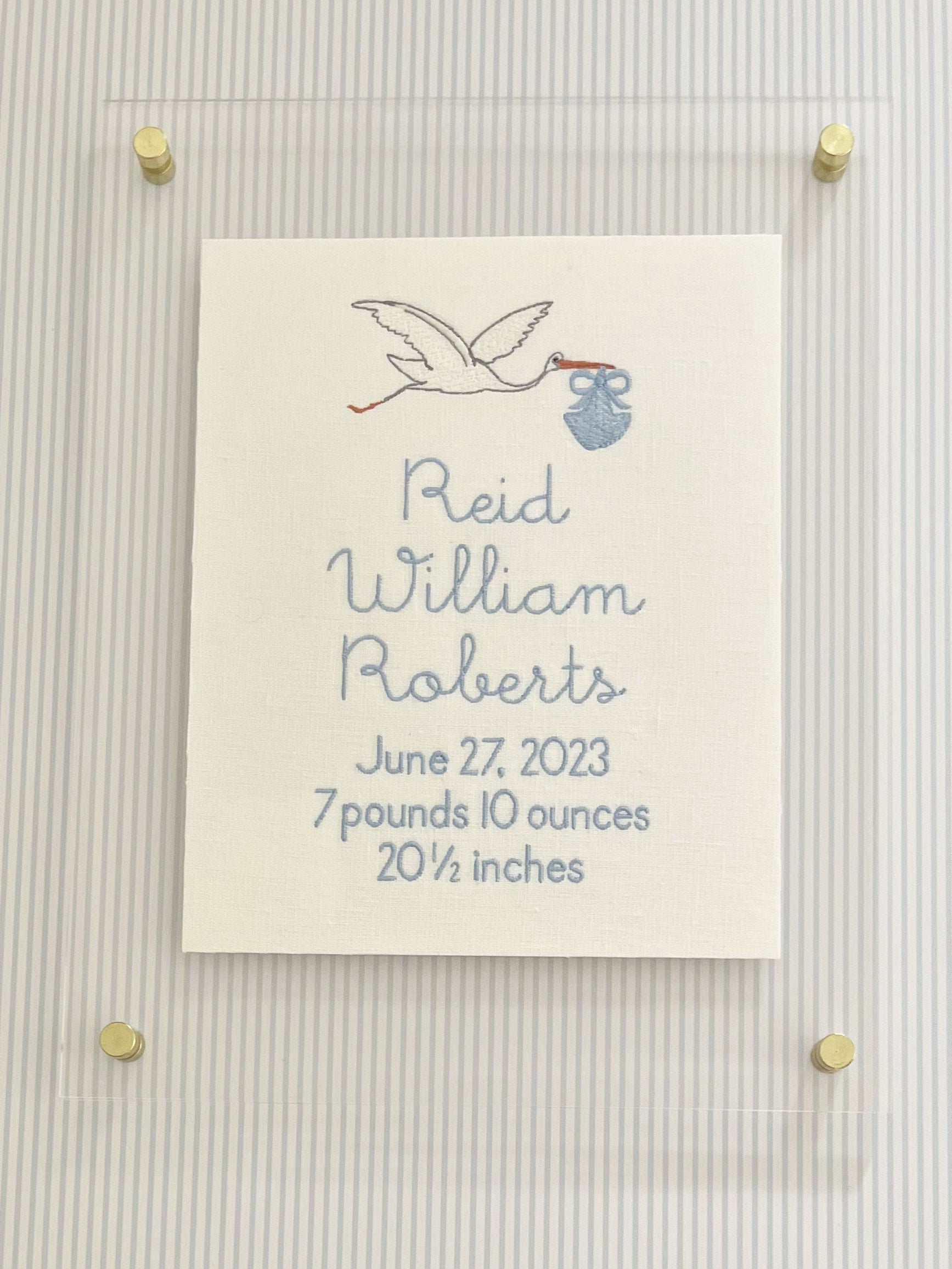 Stork Custom Embroidered Birth Announcement/Birth Sampler