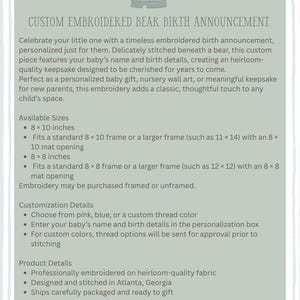 Bear Birth Announcement, Personalized Baby Name Embroidery, Heirloom Nursery Wall Art image 6