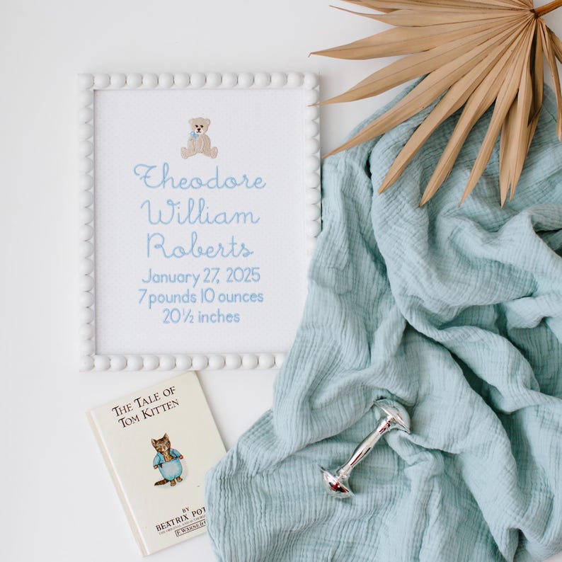 May include: A framed baby announcement with the name "Theodore William Roberts", birthdate, weight, and length. A small teddy bear graphic is at the top. A copy of "The Tale of Tom Kitten" and a silver rattle are also in the image. A blue blanket and dried palm frond complete the scene.