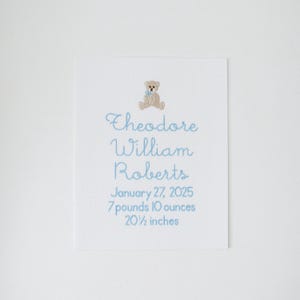 May include: A white card with a light blue polka dot pattern. The card features the name "Theodore William Roberts" in cursive, along with the birth date, weight (3.4 kg), and length (52 cm). A small teddy bear illustration is at the top.