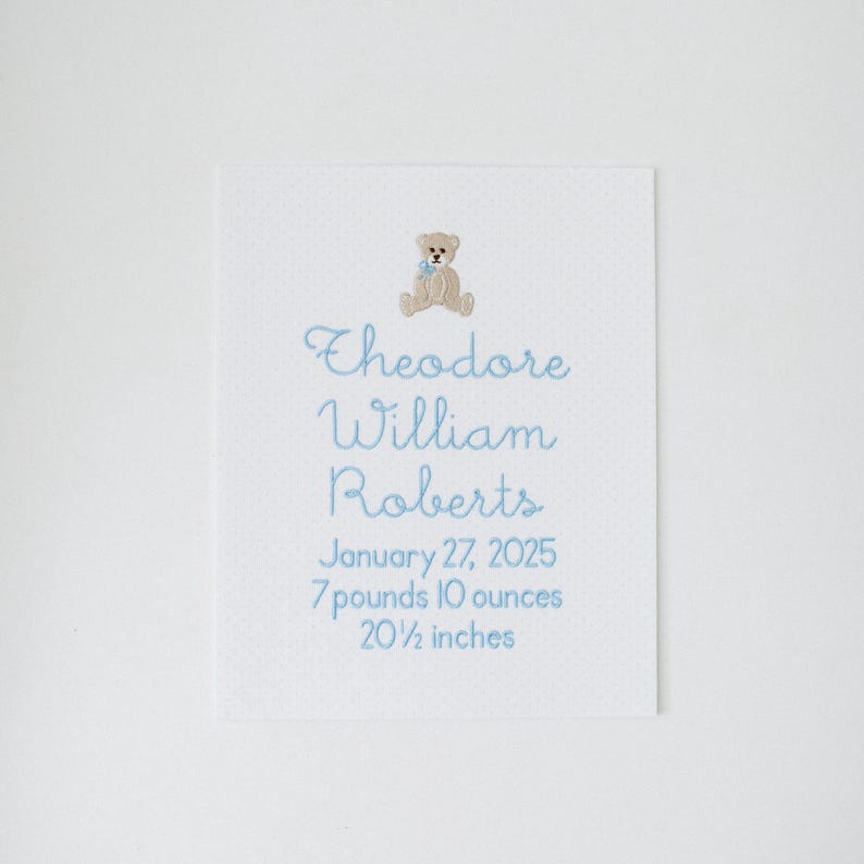 May include: A white card with a light blue polka dot pattern. The card features the name "Theodore William Roberts" in cursive, along with the birth date, weight (3.4 kg), and length (52 cm). A small teddy bear illustration is at the top.