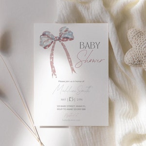 Pink Bow Baby Shower Invitation Template Printable, Baby Girl, Coquette Baby Shower Invite, Baby Shower Invitation Girl Bow, Canva Template