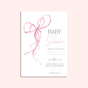 Rosa Bogen-Babyparty-Einladungsvorlage, Baby-Mädchen, Kokette Babyparty einladen, Baby-Dusche-Einladung bedruckbar, Kokette Schleife, CANVA