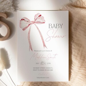 Pink Bow Baby Shower Invitation Template Printable, Baby Girl, Coquette Baby Shower Invite, Baby Shower Invitation Girl Bow, Canva Template