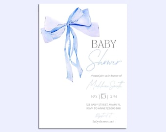May include: A blue watercolor bow with a white background. The text "BABY SHOWER" is written in black cursive font. The text "Please join us in honor of Madeline Smith" is written in black cursive font. The text "MAY 15 | 2PM" is written in black font. The text "123 BABY STREET, MIAMI FL" is written in black font. The text "RSVP TO ANNE 123 000 588" is written in black font. The text "Registered at babyshower.com" is written in black font.